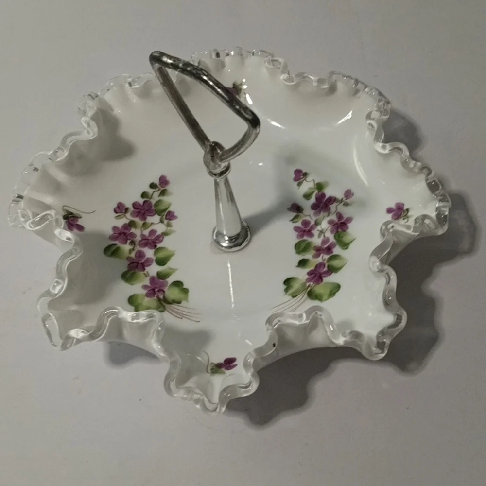 Fenton Silver Crest Violets Center Hnadle Server Tidbit Dish Vintage